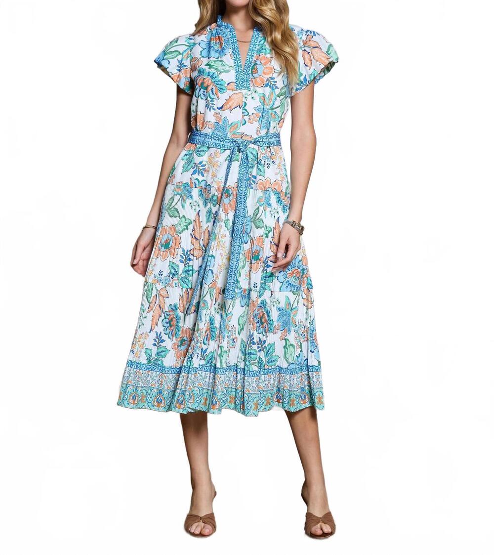 NEW CURRENT AIR floral printed pleated midi dress in blue multi